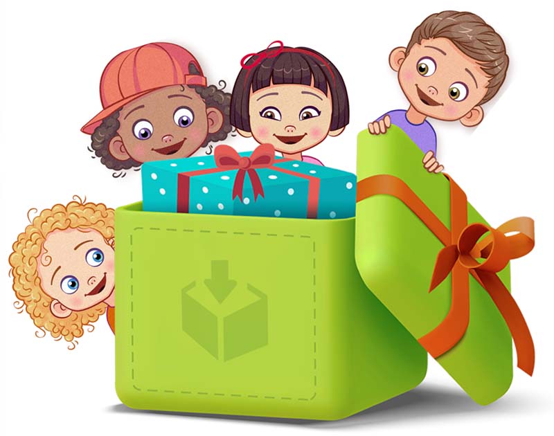 Happy children behind a donation toybox